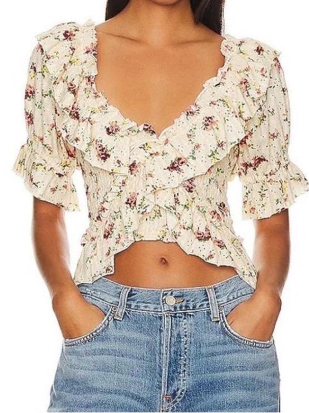 Free People favorite girl ruffle front smocked floral crop top cream medium